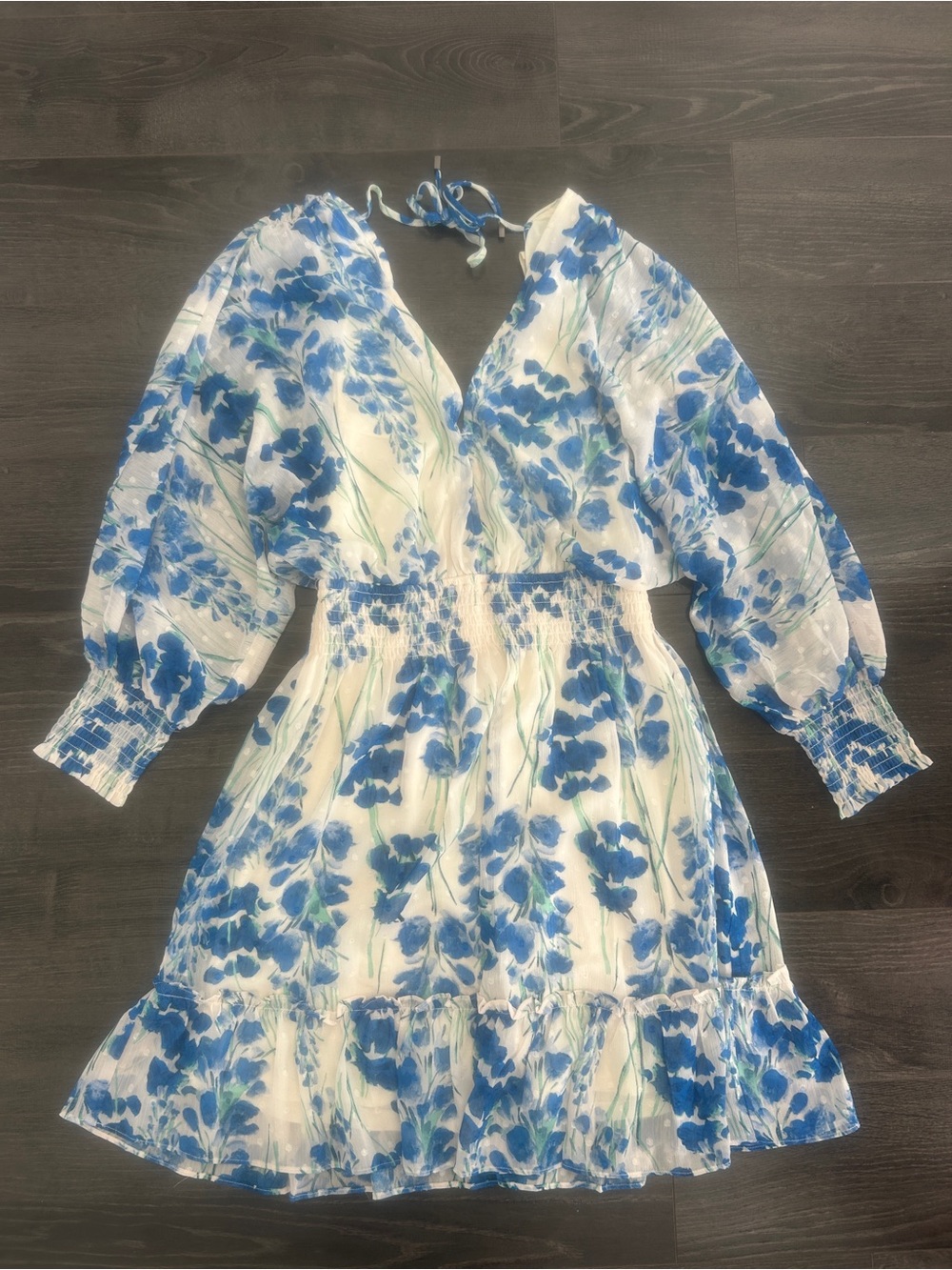 Lovestitch Blue Watercolor Floral Swiss Dot Mini Dress Small
